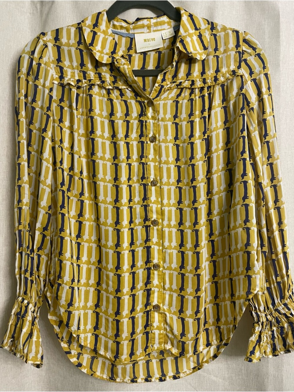 Anthropologie Maeve Mustard Yellow Navy & Cream Dachshund Print Blouse